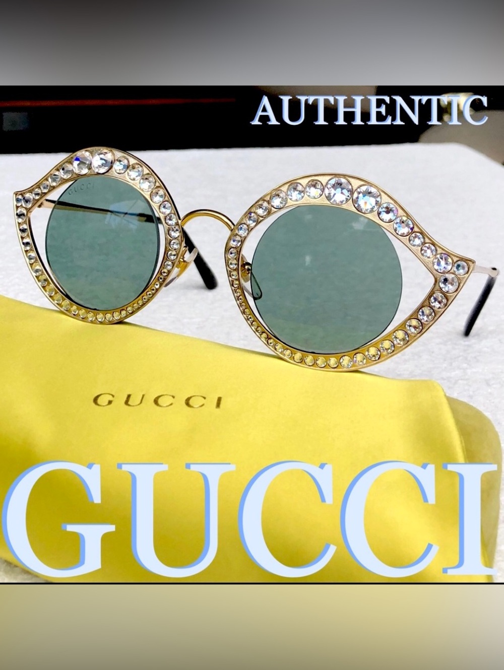 Rare GUCCI Runway level Lips Swarovski white crystals gold cat eye sunglasses